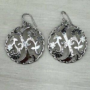 ATI Mexico Sterling Silver 925 Hammered Floral Cut Out Round Earrings 12.9g